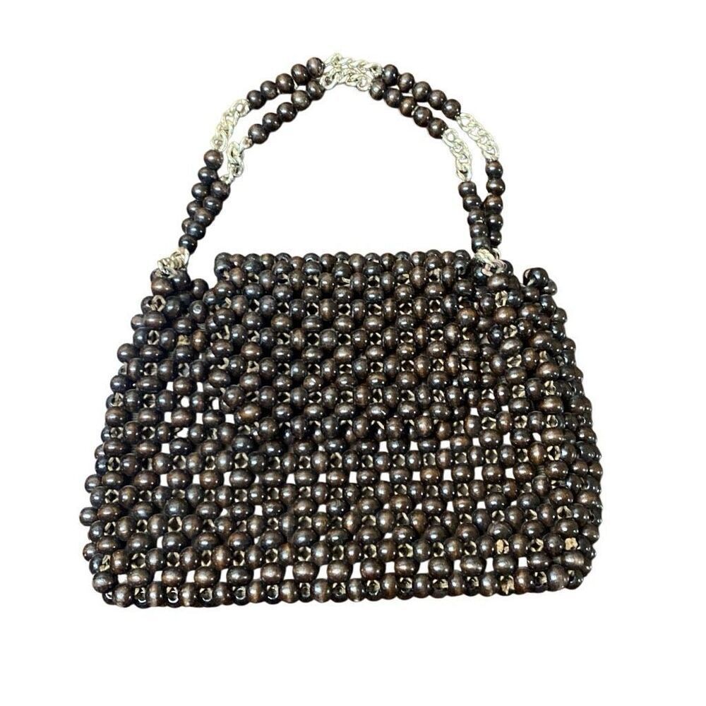 Vintage Handmade Wood Beaded Handbag Purse Marcus Brothers Brown Made in Japan